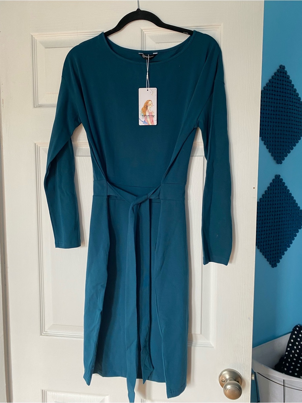 Pretty Garden Teal Long Sleeve Waist-Tie Dress